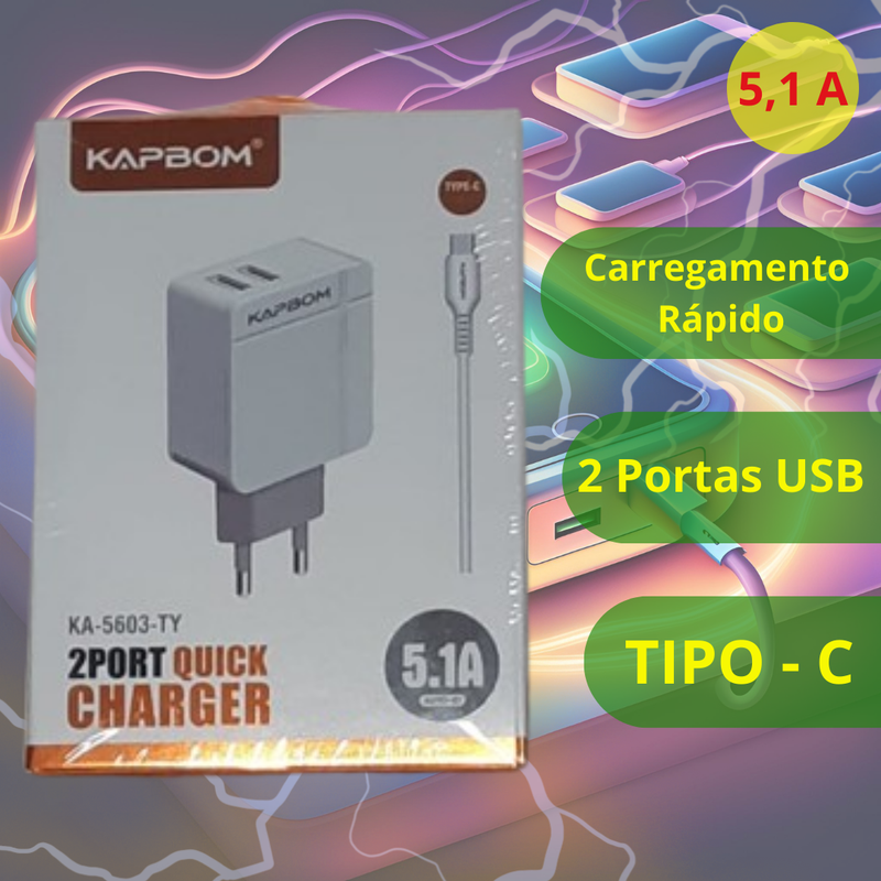 Carregador Tipo-C KAPBOM 5.1A - 2 Portas USB